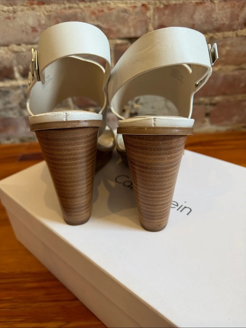 Calvin Klein White and Silver Wedge Sandals with Wood-Look Heel